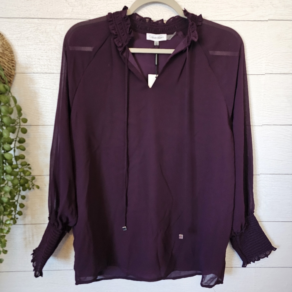 $80 Calvin Klein Women's Purple Ruffle Trim Long Sleeve Blouse Top Size XS